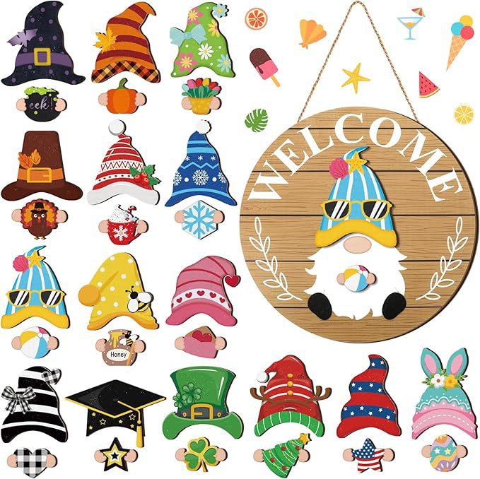 ⏰Interchangeable Welcome Sign with Highland Cow Featuring Seasonal Magnet, Detachable Hats, Accessories