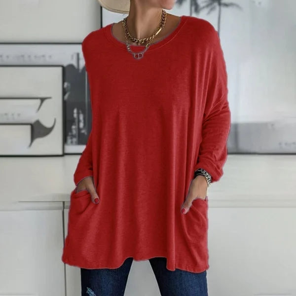 ๐ Women's Round Neck Long Sleeve Loose Pocket T-Shirt