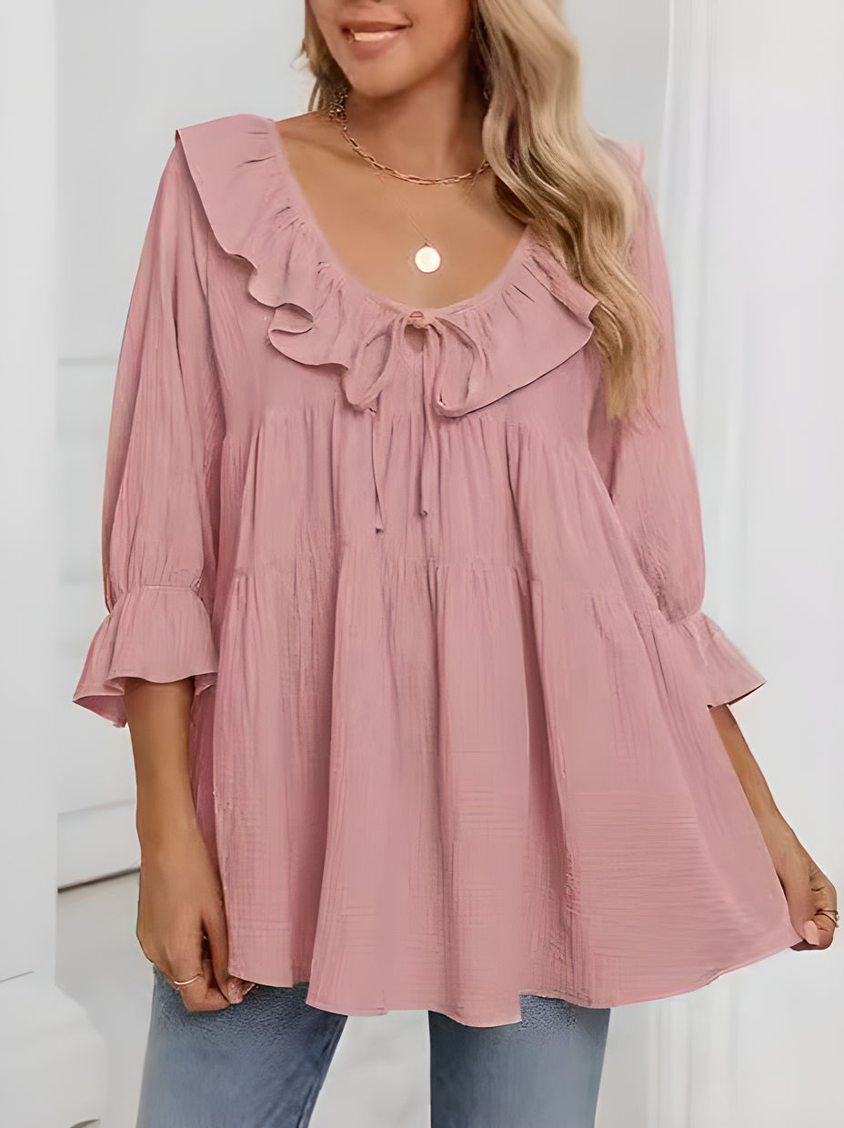 Women's 3/4 Sleeve Tie Front Ruffle Tiered Shirts