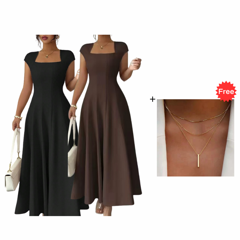⌛Limited-Time Offer-Women Elegant Square Neck A Line Dress Slim Fit Long Dress