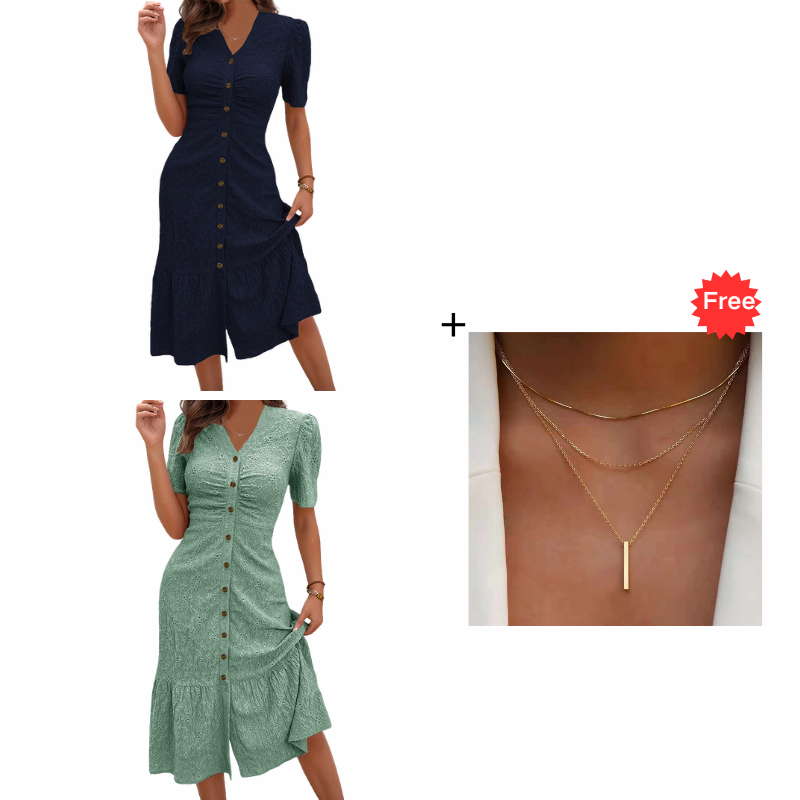 🔥LAST DAY 50% OFF🌞💃Women's Button-Up V-Neck Short Sleeve Midi Dress