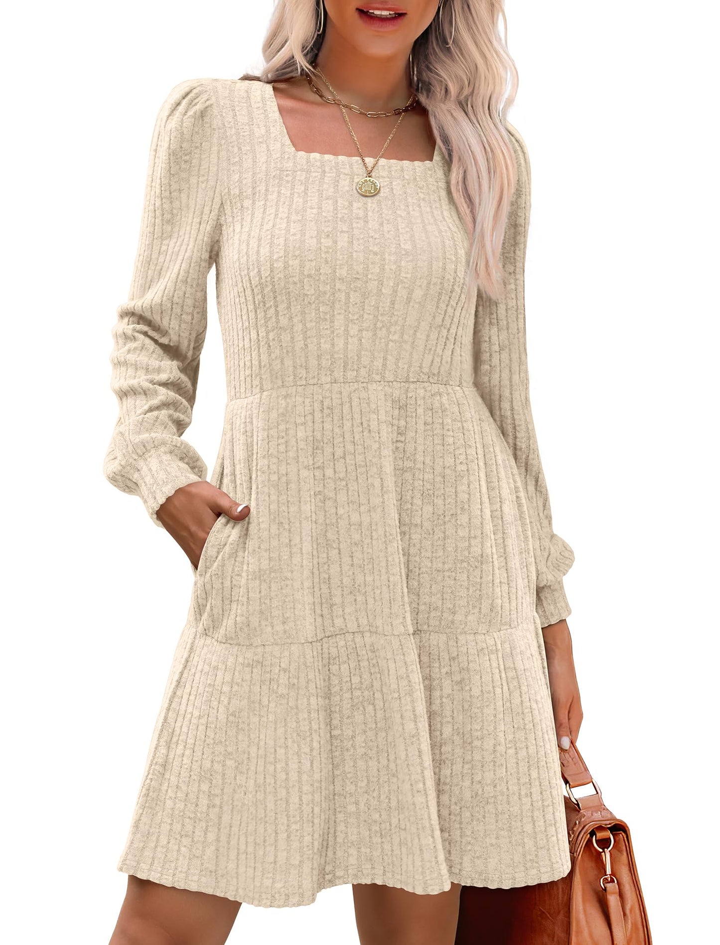 🍂2025 Autumn New Style 49% OFF⏰Women's Square Neck Lantern Sleeve Ribbed Dress