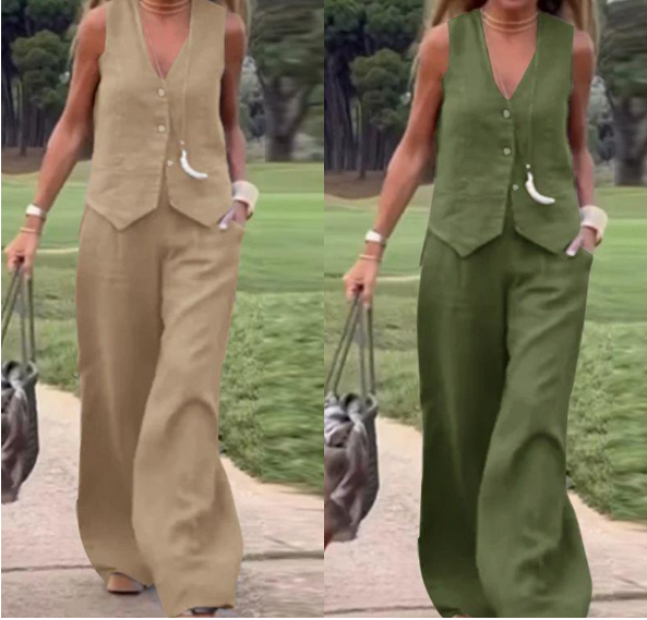 ✨New products on offer ✨Solid Color Button Down Vest and Wide Leg Pants 2 Piece Set for Women