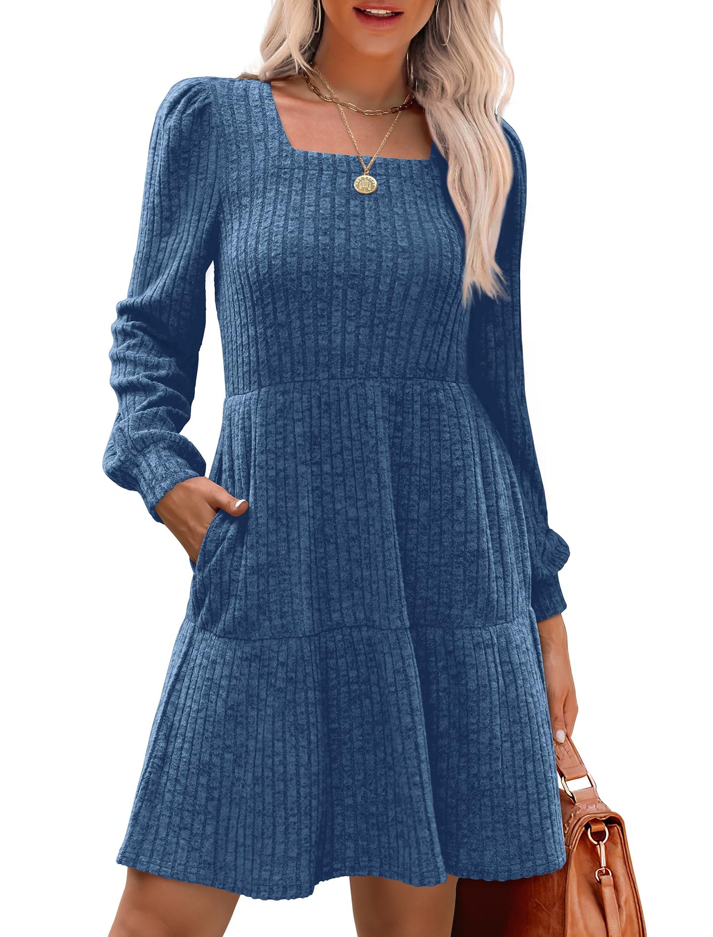 🍂2025 Autumn New Style 49% OFF⏰Women's Square Neck Lantern Sleeve Ribbed Dress