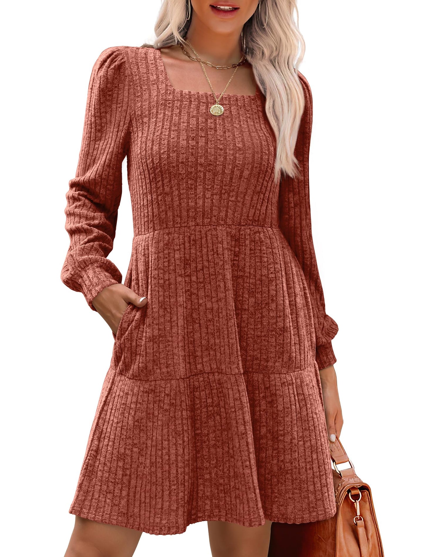 🍂2025 Autumn New Style 49% OFF⏰Women's Square Neck Lantern Sleeve Ribbed Dress