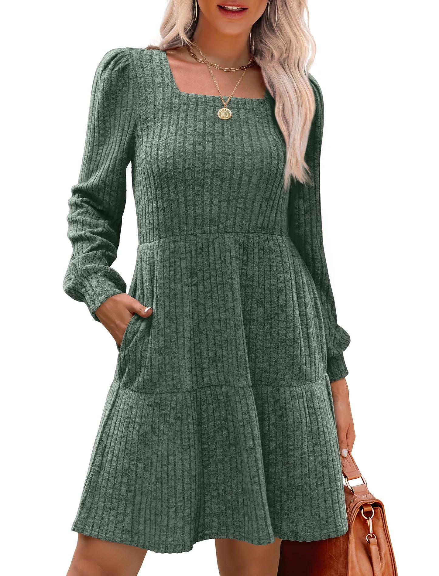 🍂2025 Autumn New Style 49% OFF⏰Women's Square Neck Lantern Sleeve Ribbed Dress