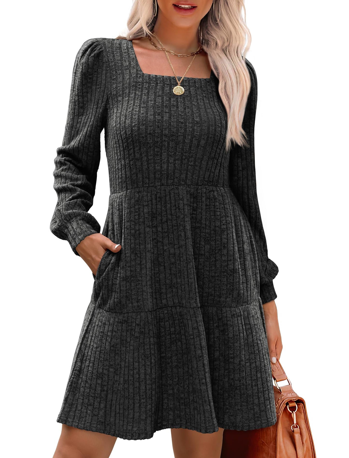 🍂2025 Autumn New Style 49% OFF⏰Women's Square Neck Lantern Sleeve Ribbed Dress