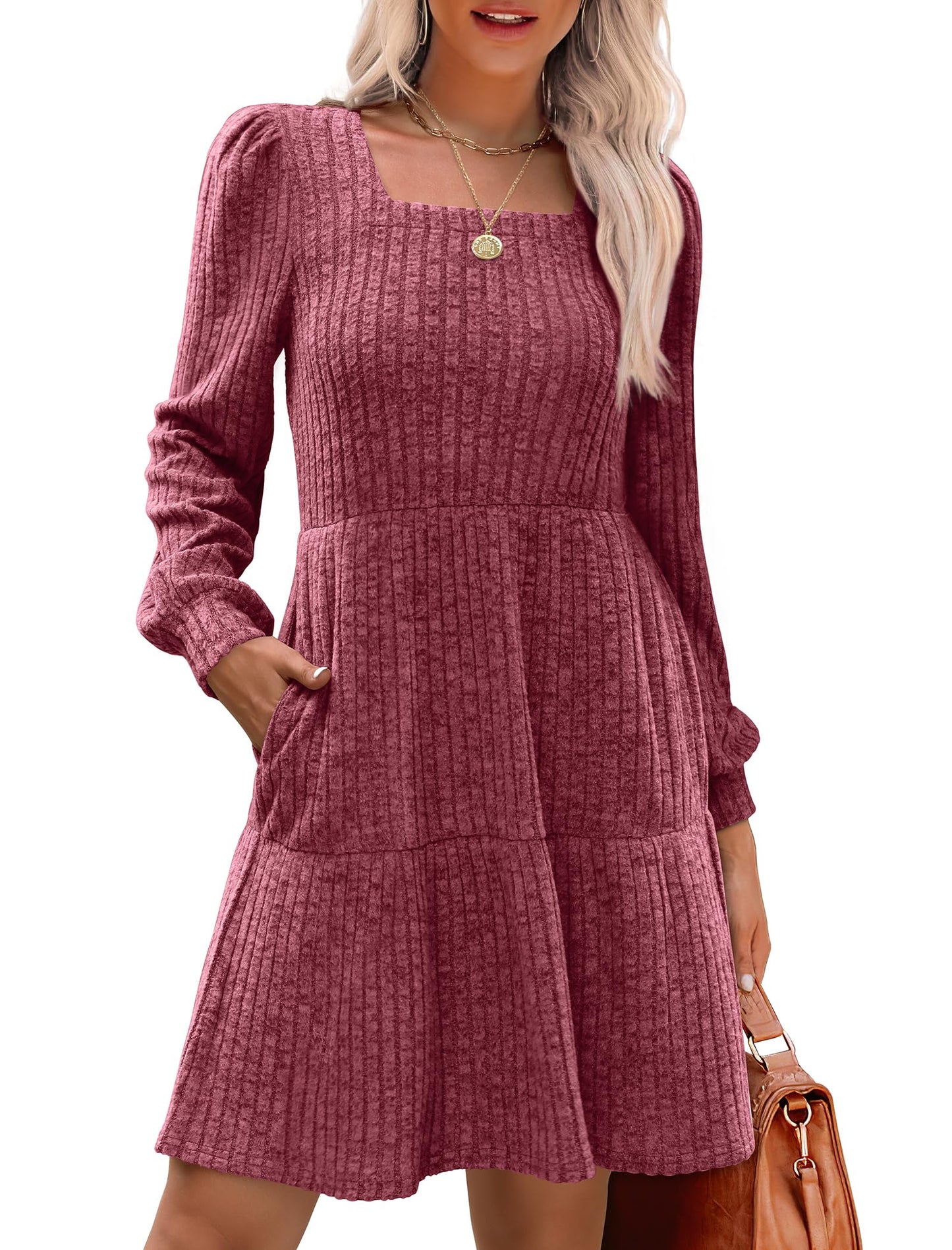🍂2025 Autumn New Style 49% OFF⏰Women's Square Neck Lantern Sleeve Ribbed Dress