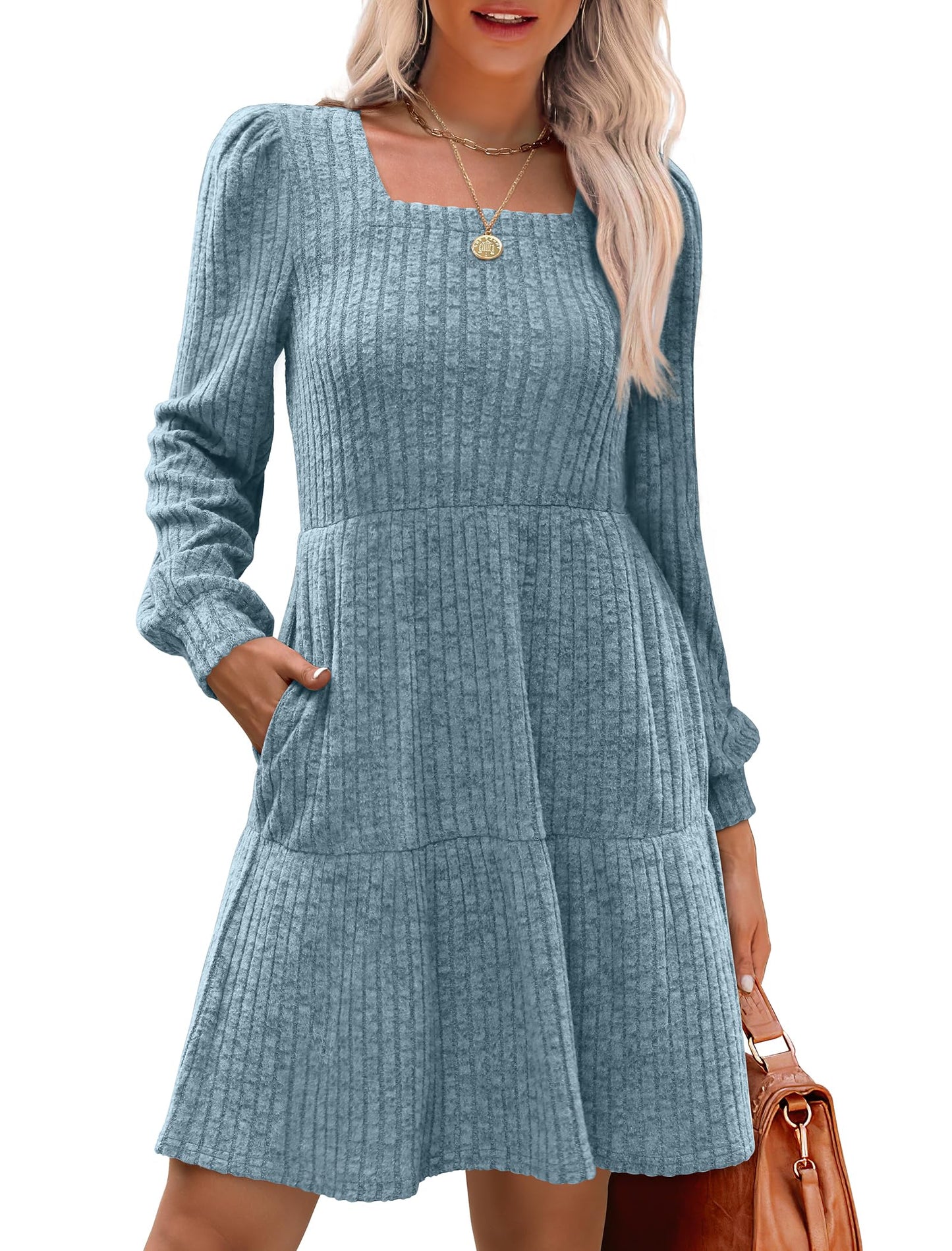 🍂2025 Autumn New Style 49% OFF⏰Women's Square Neck Lantern Sleeve Ribbed Dress