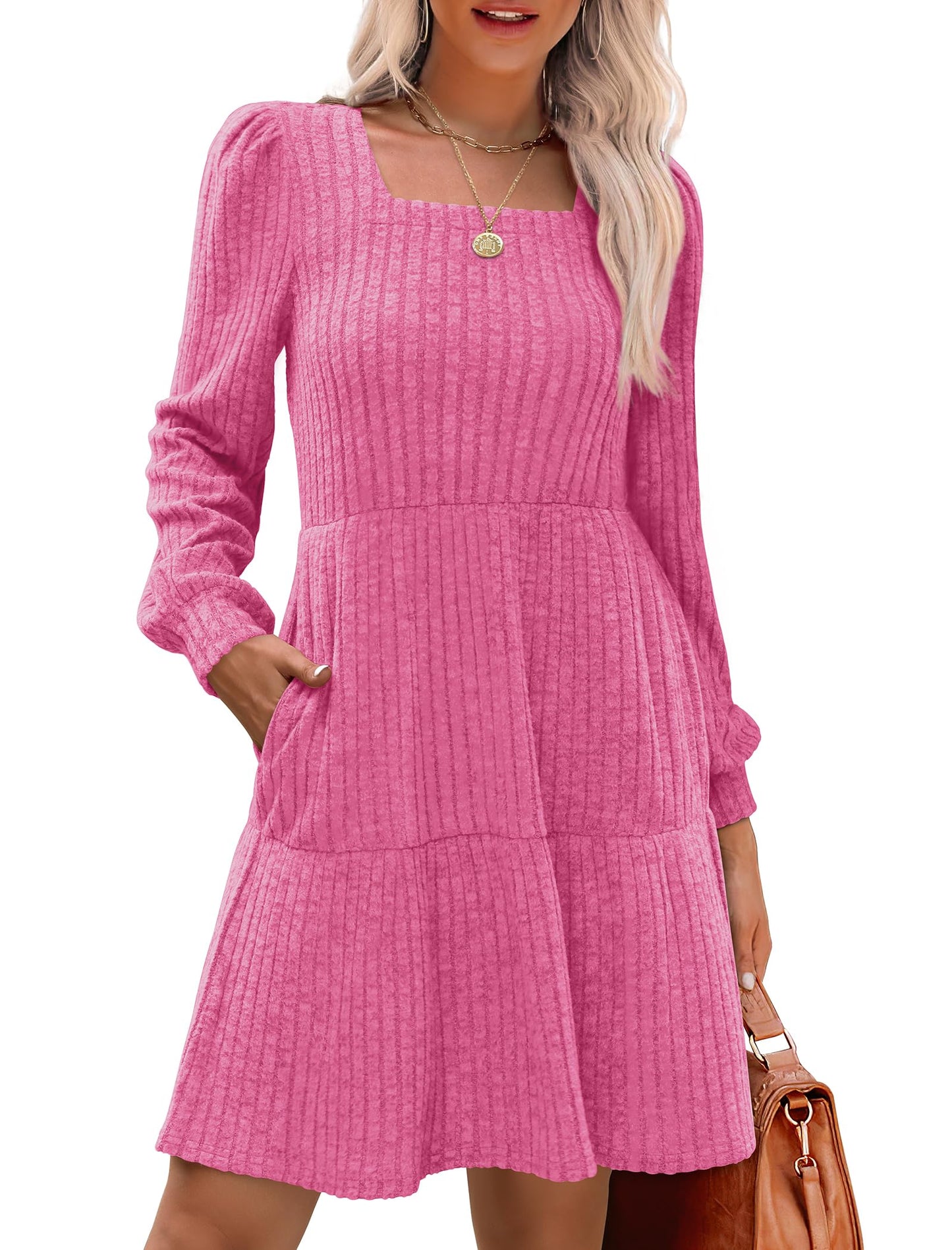 🍂2025 Autumn New Style 49% OFF⏰Women's Square Neck Lantern Sleeve Ribbed Dress
