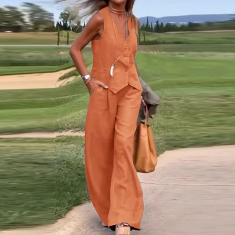 ✨New products on offer ✨Solid Color Button Down Vest and Wide Leg Pants 2 Piece Set for Women