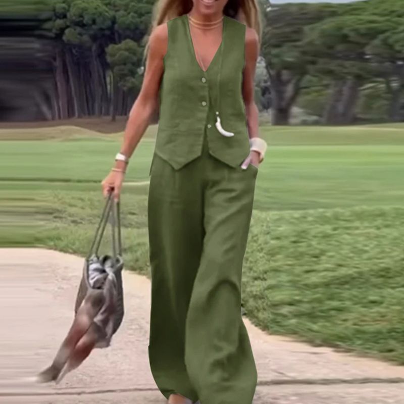 ✨New products on offer ✨Solid Color Button Down Vest and Wide Leg Pants 2 Piece Set for Women