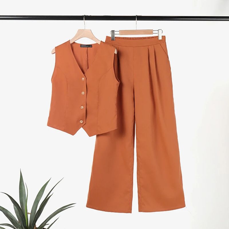 ✨New products on offer ✨Solid Color Button Down Vest and Wide Leg Pants 2 Piece Set for Women