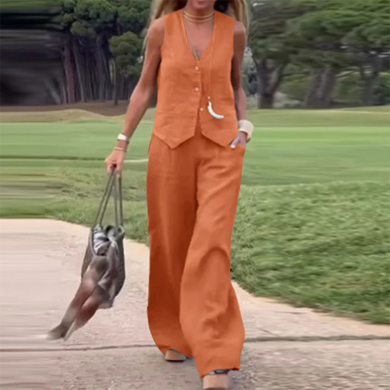 ✨New products on offer ✨Solid Color Button Down Vest and Wide Leg Pants 2 Piece Set for Women