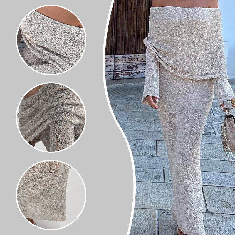 Open Shoulder Long-Sleeve Knit Bodycon Dress