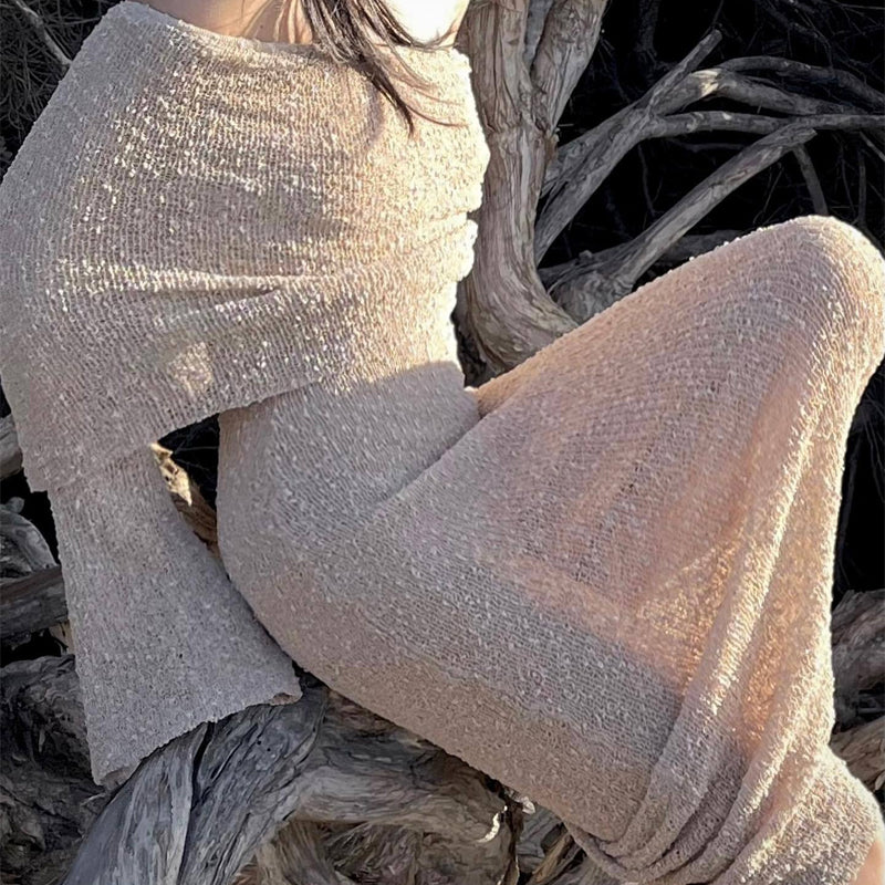 Open Shoulder Long-Sleeve Knit Bodycon Dress