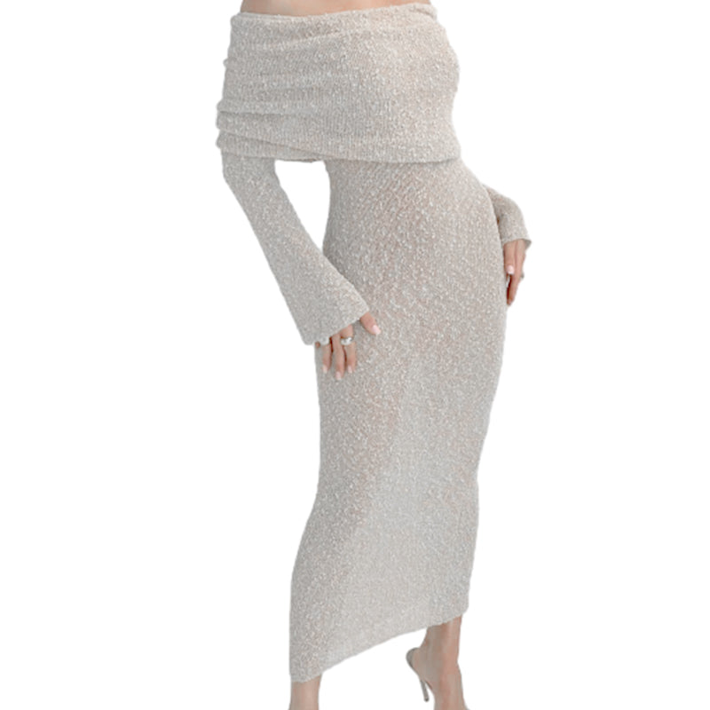 Open Shoulder Long-Sleeve Knit Bodycon Dress