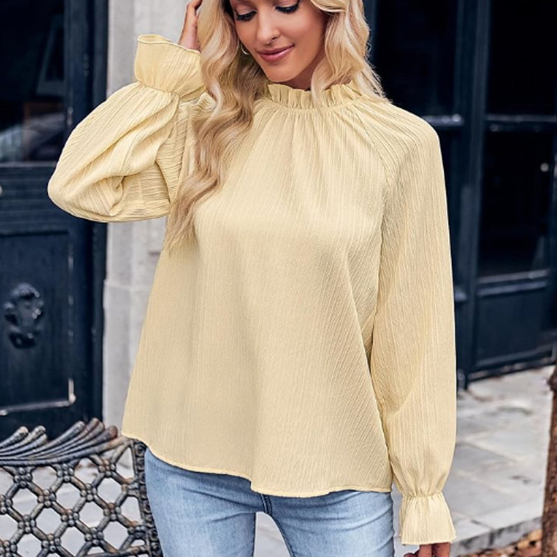Women's Autumn Solid Ruffle Long-Sleeve Jacquard Top