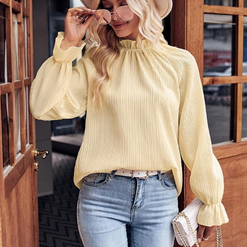 Women's Autumn Solid Ruffle Long-Sleeve Jacquard Top