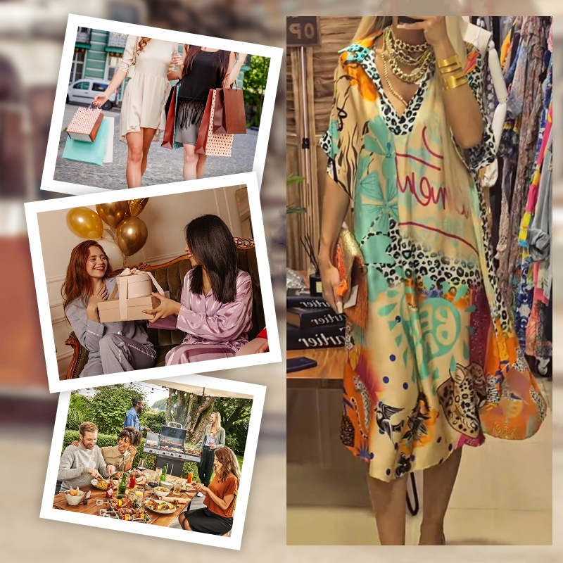 š2025 New Products Hot SaleāØWomenās Deep V-Neck Short Sleeve Printed Dress