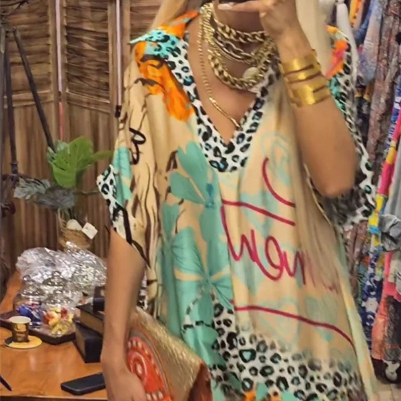 š2025 New Products Hot SaleāØWomenās Deep V-Neck Short Sleeve Printed Dress
