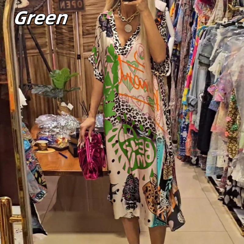 š2025 New Products Hot SaleāØWomenās Deep V-Neck Short Sleeve Printed Dress