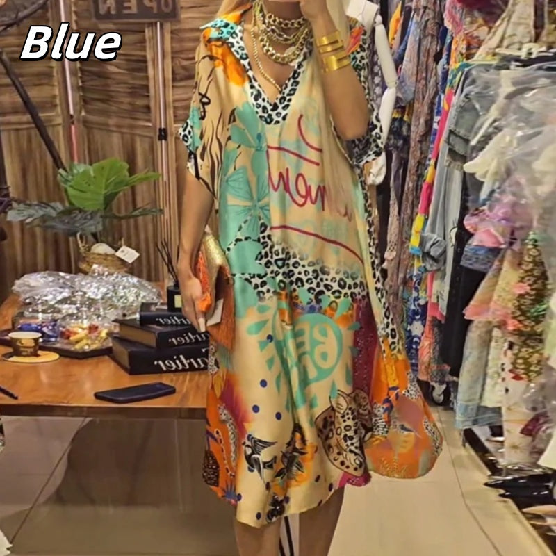 š2025 New Products Hot SaleāØWomenās Deep V-Neck Short Sleeve Printed Dress