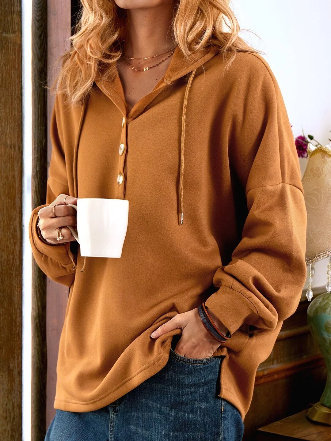 Free Shipping Vintage Solid Color Long Sleeve Buttoned Sweatshirt