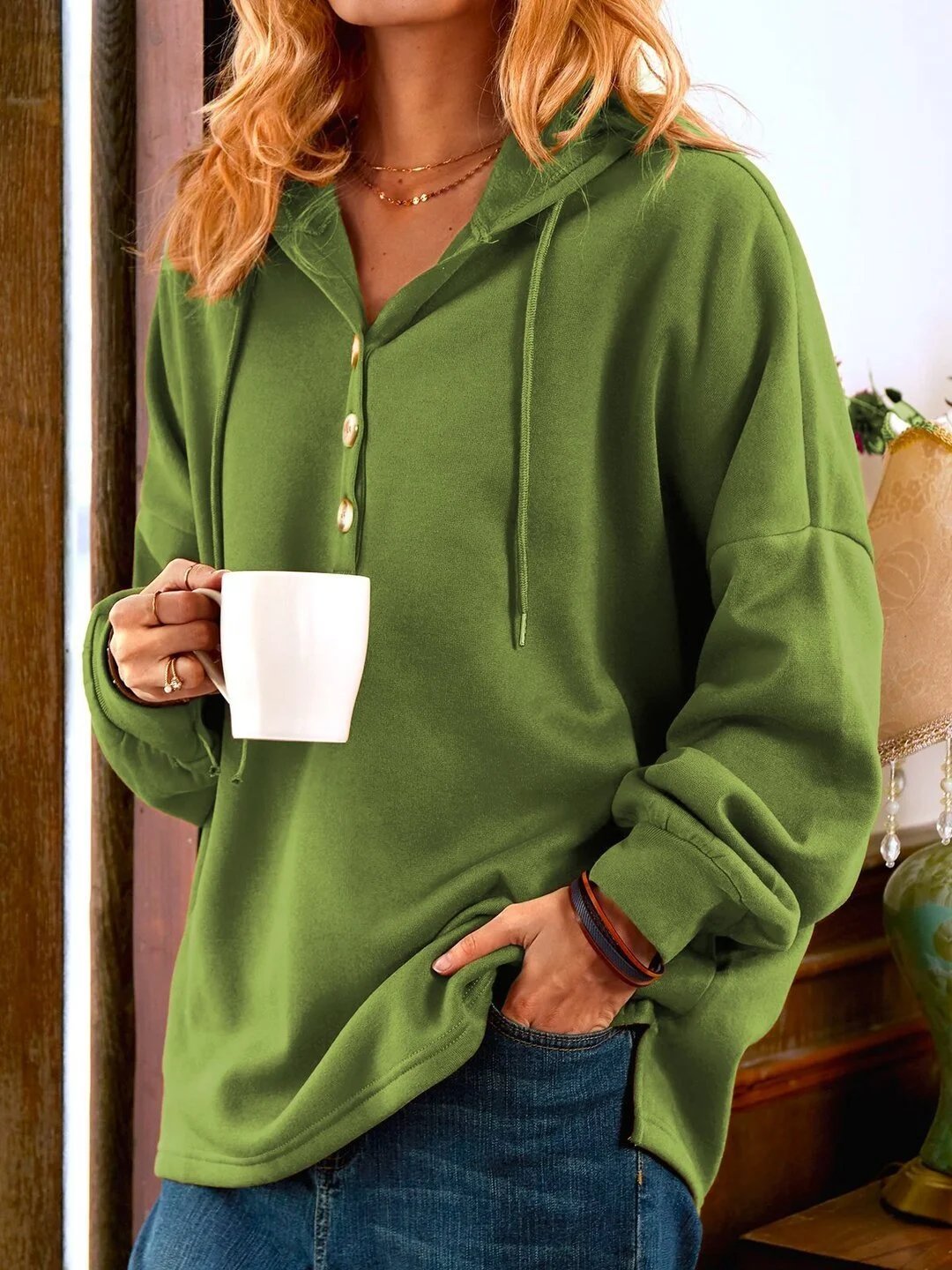 Free Shipping Vintage Solid Color Long Sleeve Buttoned Sweatshirt