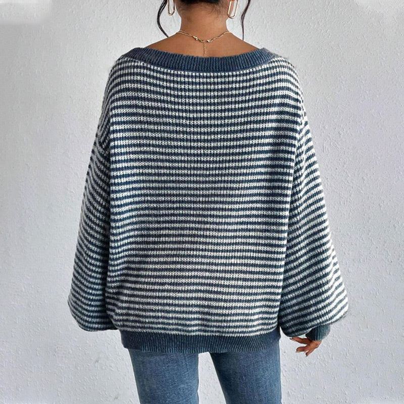 Women's Loose-Fit Off-Shoulder Striped Knit Sweater