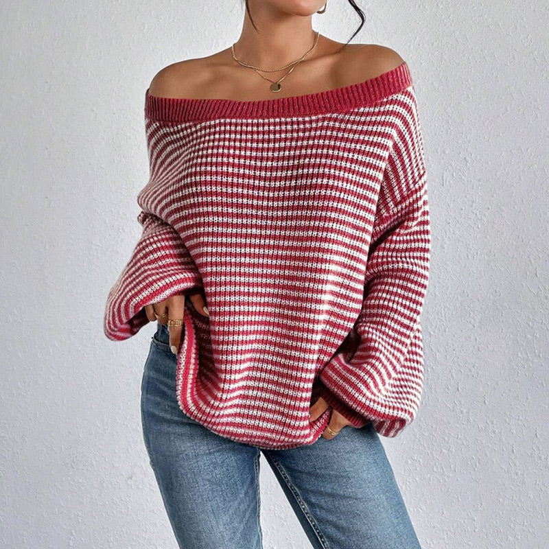 Women's Loose-Fit Off-Shoulder Striped Knit Sweater