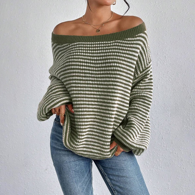 Women's Loose-Fit Off-Shoulder Striped Knit Sweater