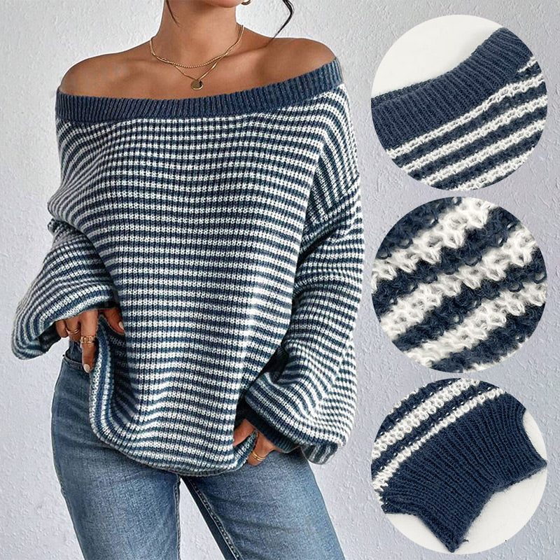 Women's Loose-Fit Off-Shoulder Striped Knit Sweater