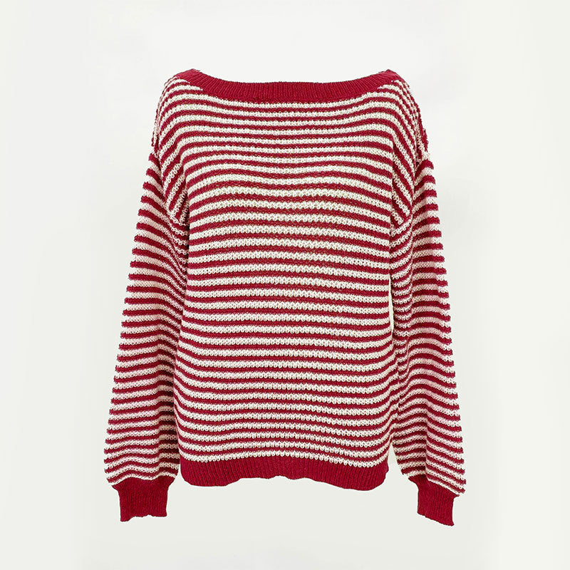 Women's Loose-Fit Off-Shoulder Striped Knit Sweater