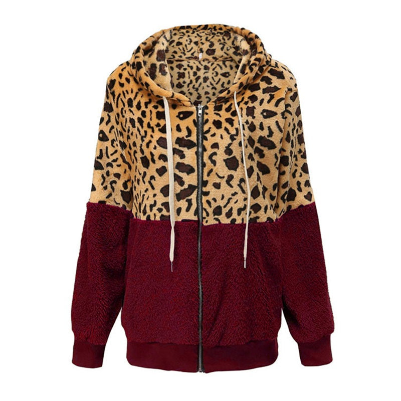 Thickened Hooded Jacket with Leopard Print Pattern