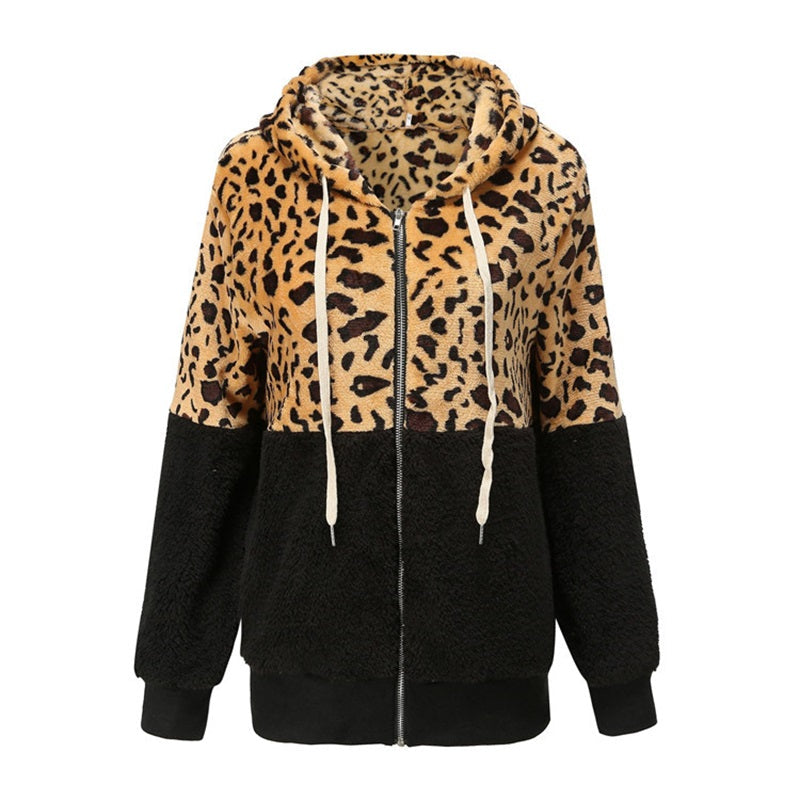 Thickened Hooded Jacket with Leopard Print Pattern