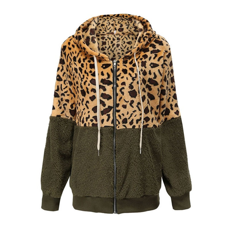 Thickened Hooded Jacket with Leopard Print Pattern