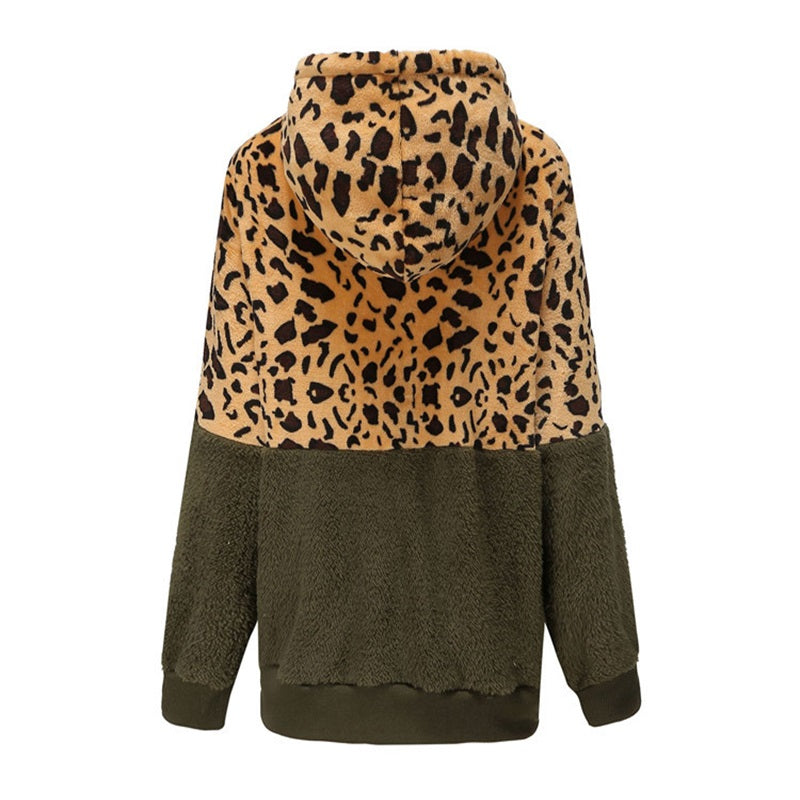 Thickened Hooded Jacket with Leopard Print Pattern