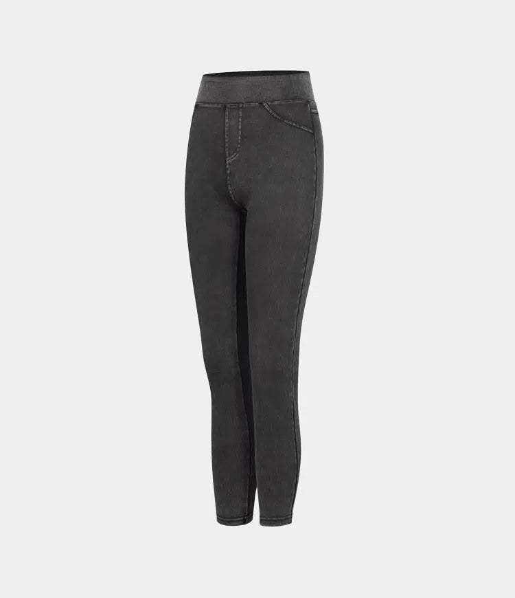 High Waisted Back Side Pocket Stretchy Knit Denim Casual Leggings