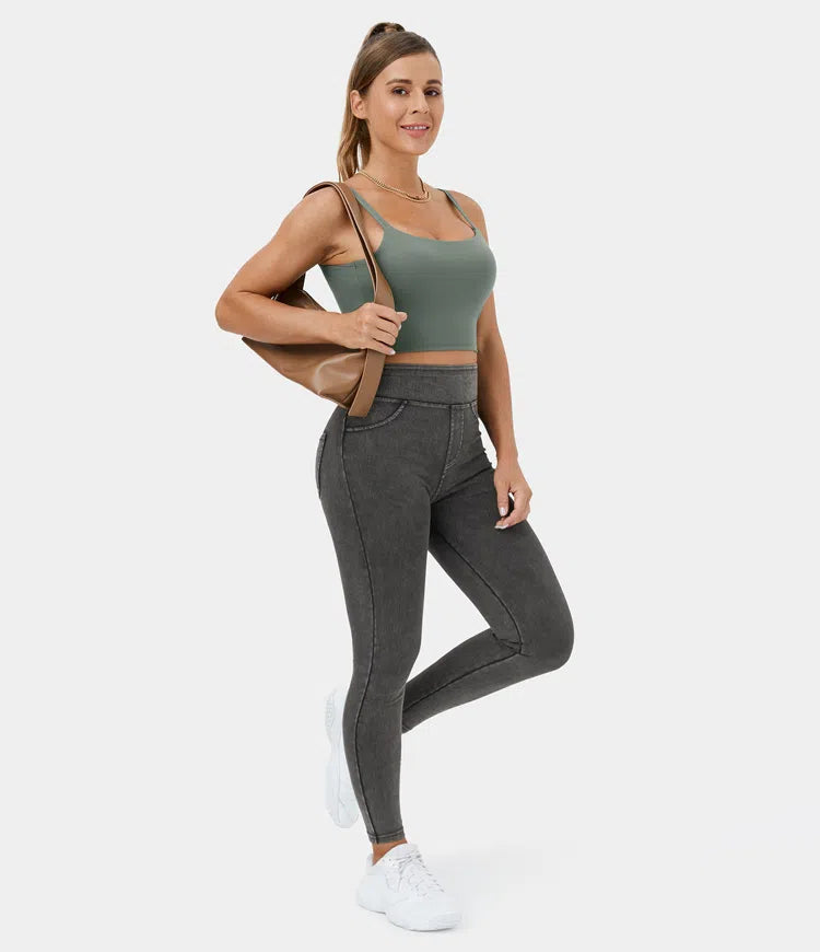 High Waisted Back Side Pocket Stretchy Knit Denim Casual Leggings