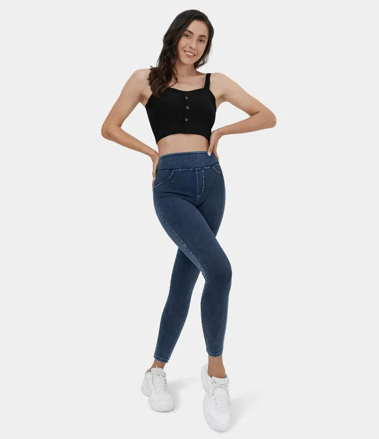 High Waisted Back Side Pocket Stretchy Knit Denim Casual Leggings