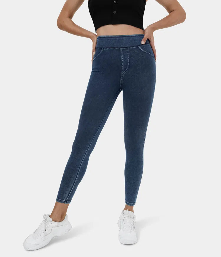 High Waisted Back Side Pocket Stretchy Knit Denim Casual Leggings