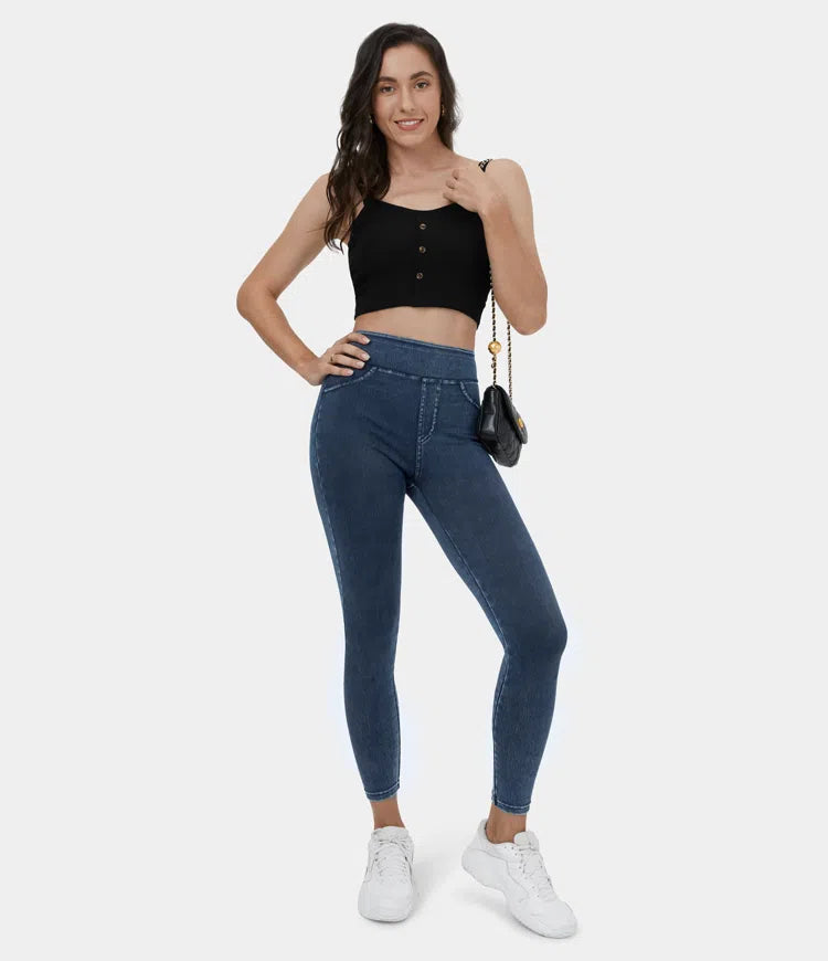 High Waisted Back Side Pocket Stretchy Knit Denim Casual Leggings