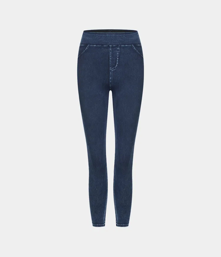 High Waisted Back Side Pocket Stretchy Knit Denim Casual Leggings