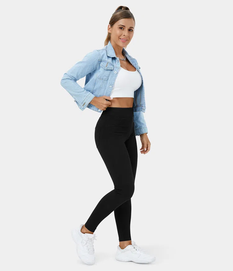 High Waisted Back Side Pocket Stretchy Knit Denim Casual Leggings