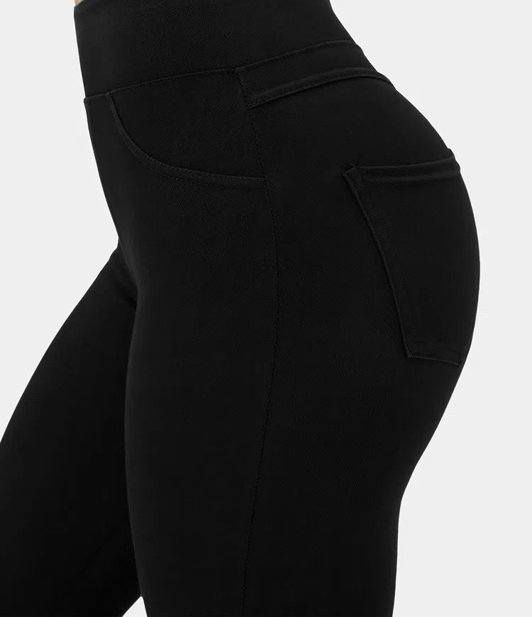High Waisted Back Side Pocket Stretchy Knit Denim Casual Leggings