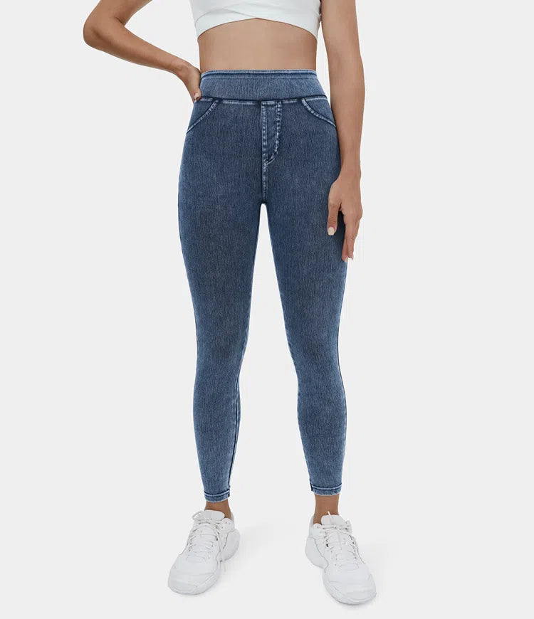 High Waisted Back Side Pocket Stretchy Knit Denim Casual Leggings