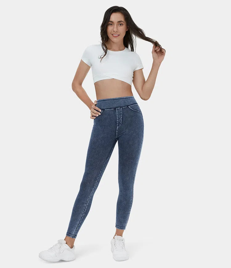 High Waisted Back Side Pocket Stretchy Knit Denim Casual Leggings