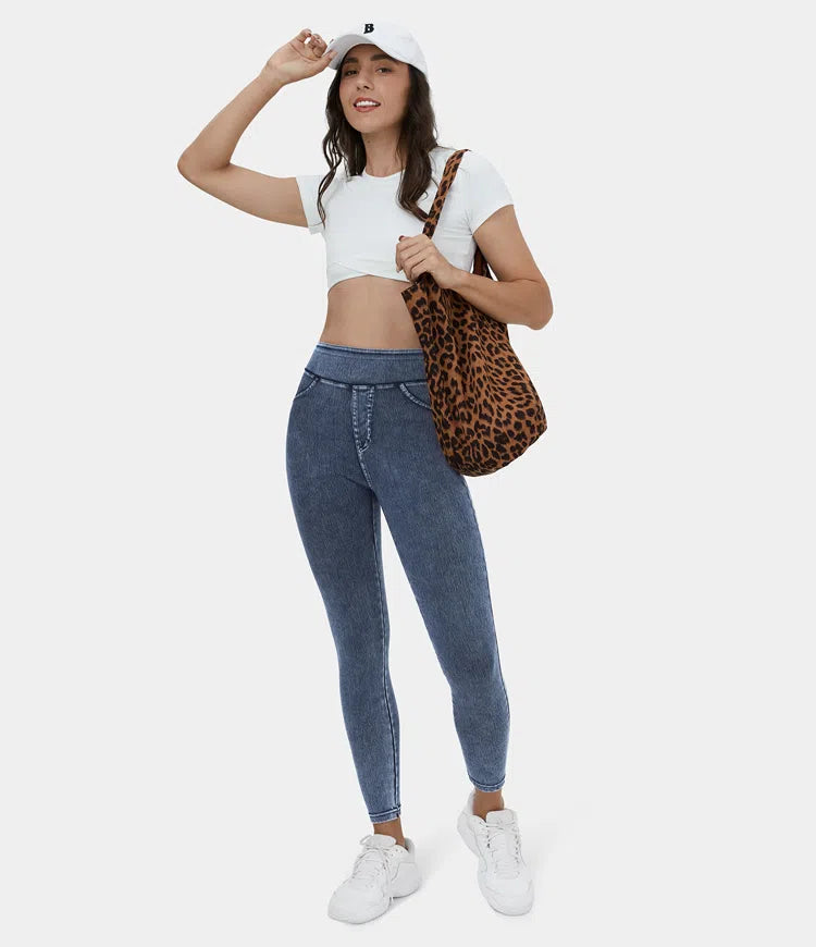 High Waisted Back Side Pocket Stretchy Knit Denim Casual Leggings