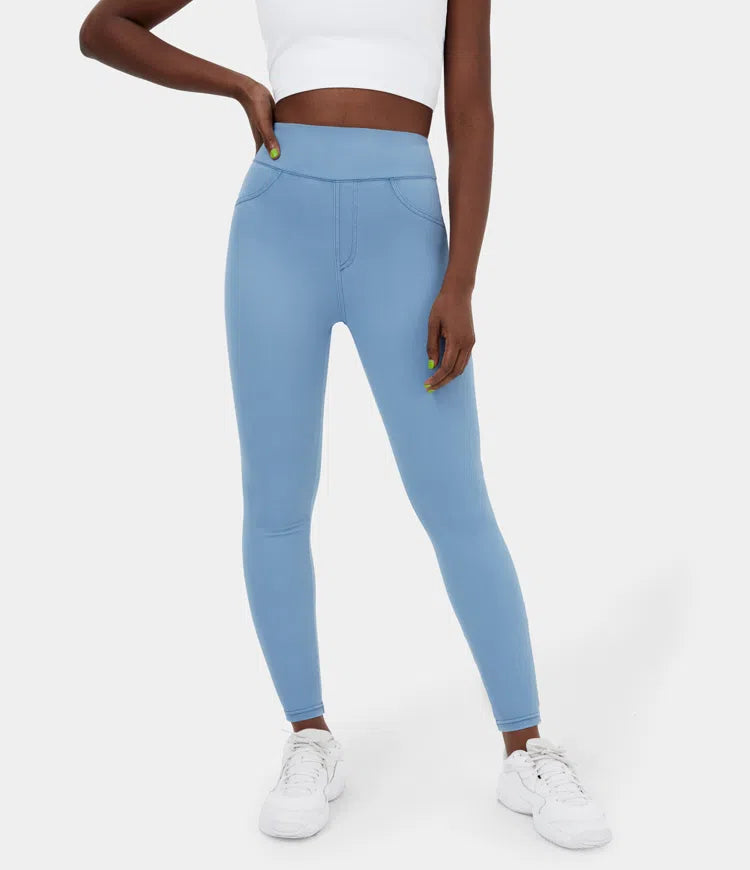 High Waisted Back Side Pocket Stretchy Knit Denim Casual Leggings